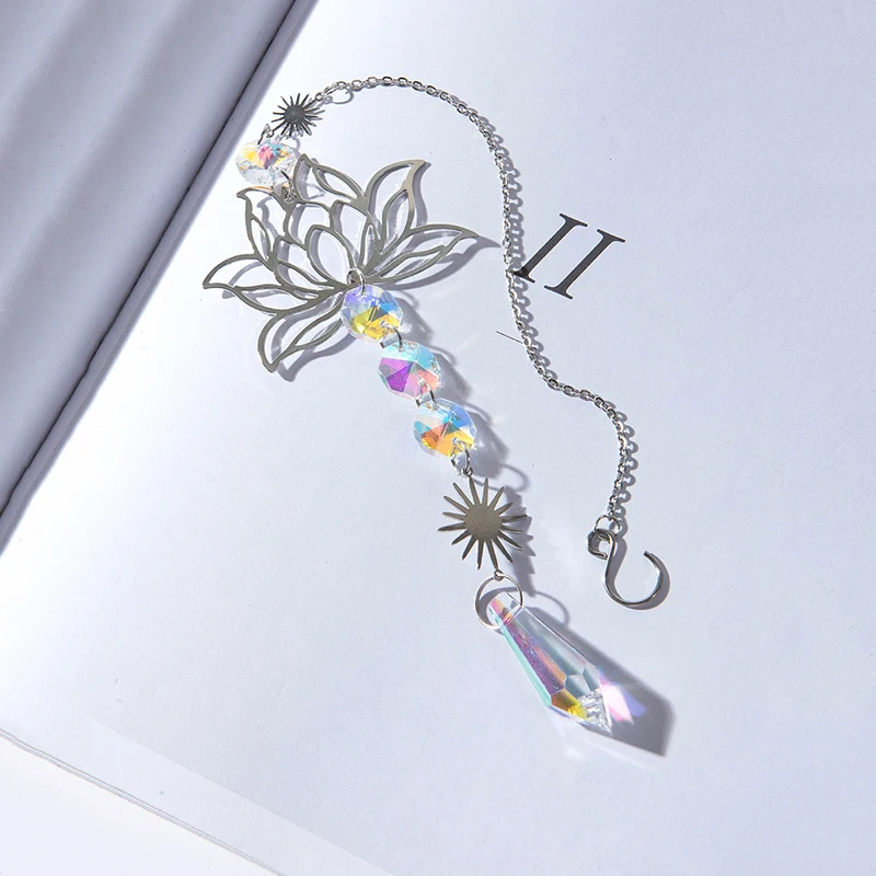 1PcMetalLotusandArtificial Crystal Suncatcher Charm Handmade Applicable Home Wind Chime Pendant Outdoor Garden Plant Decoration 7