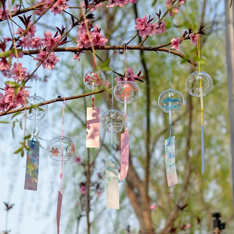 Japanese Sakura Glass Wind Chime Window Bell Cherry Blossom Wind Bell Korean Kawaii Room Hanging Decor Birthday Gift Outdoor 후우링 3