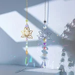 1PcMetalLotusandArtificial Crystal Suncatcher Charm Handmade Applicable Home Wind Chime Pendant Outdoor Garden Plant Decoration 3