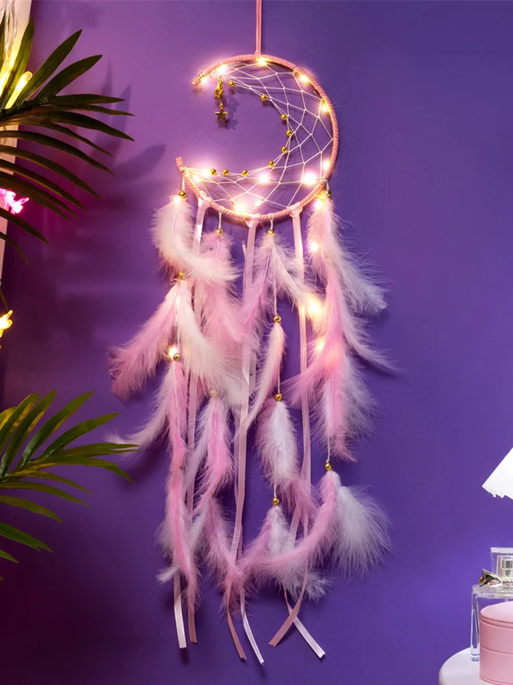 Moon Dream Catcher Feather Wind Chimes Hand-woven Wall Bedroom Hanging Ornaments Birthday Festival Gifts Home Decoration Crafts 1