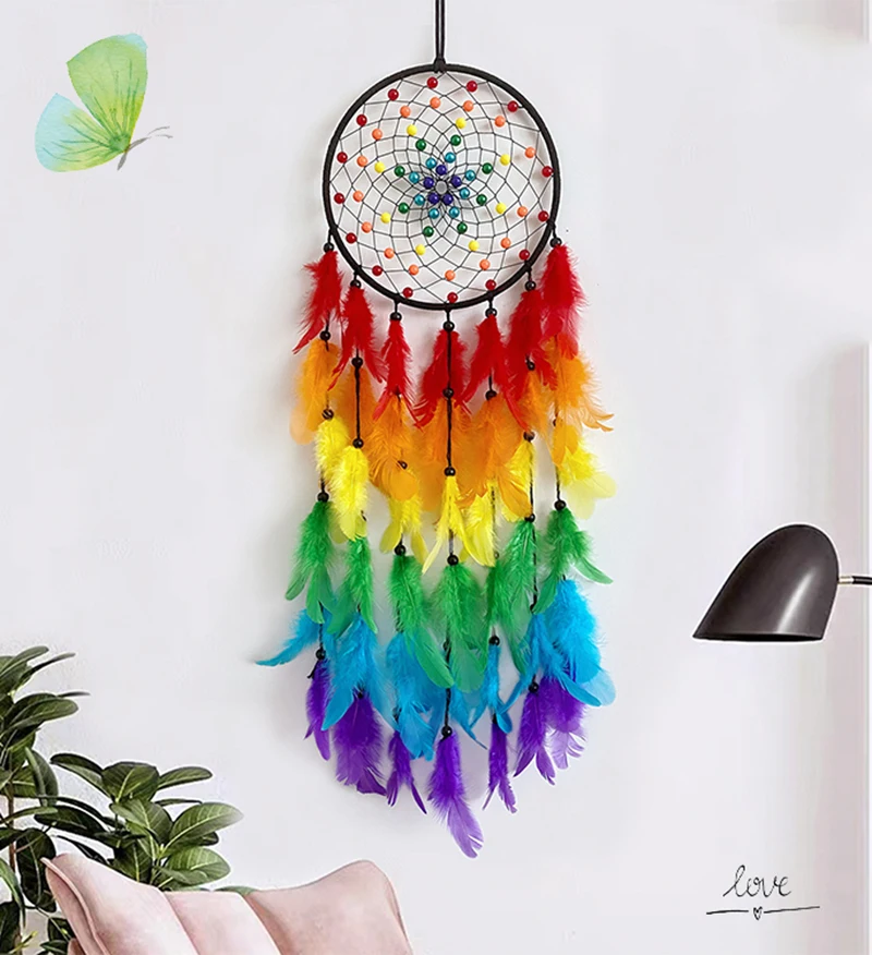 Dream Catcher Colorful Feather Handmade Wind Chimes Creative Living Room Bedroom Hanging Ornaments Wall Pendant Home Decorations 9
